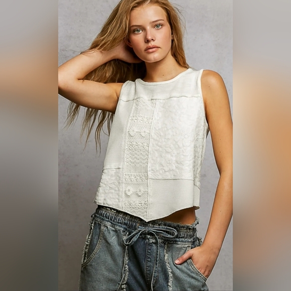 POL Tops - #1132 POL Ghost Flower Patchwork Top